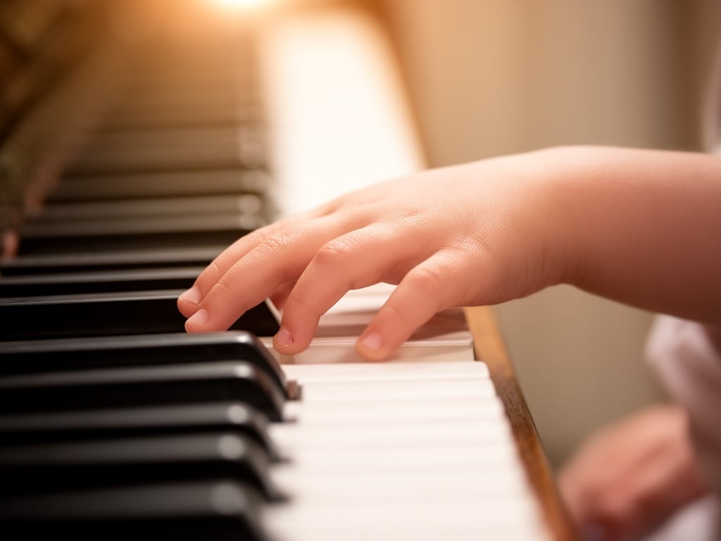 ピアノの鍵盤にそっと置かれた子供の手